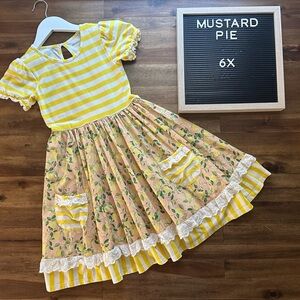 Mustard Pie Lemon Drop Yellow Pink Striped Knit Short Sleeve Dress Lace 6X